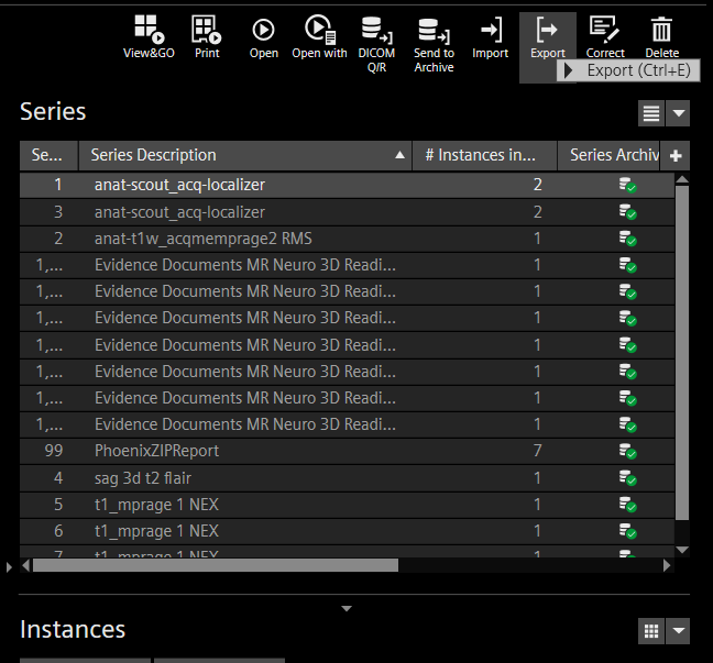 View of the Patient Browser on our Siemens MRI console. Data can be exported to XNAT via the "Export button" in the top right of the window, or by typing Ctrl-E.