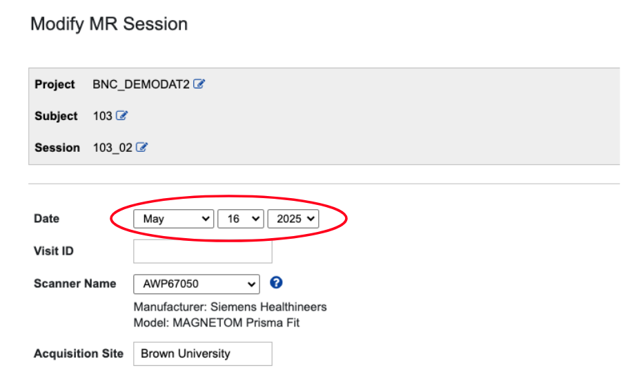 After pressing the "edit option", you will be able to edit the Date of a scan session on XNAT. 